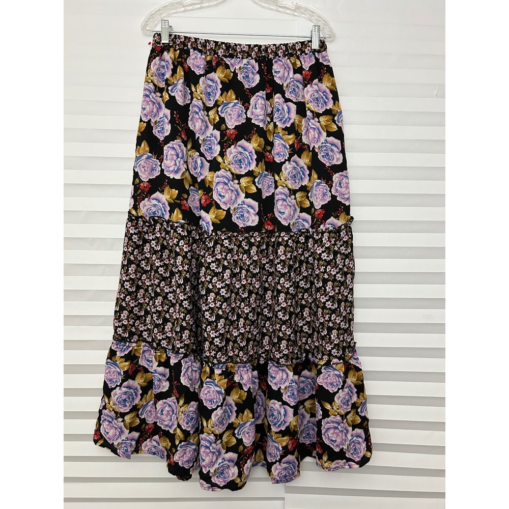 Ember Floral Tiered Maxi Skirt XL Black Purple Mixed Print Boho Cottagecore - Picture 2 of 8